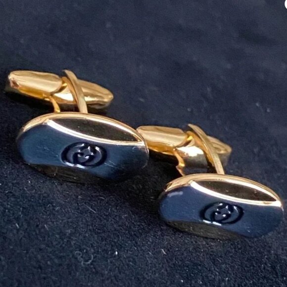 GUCCI Vintage Cuff Links Set GG Oval Silver Gold tone Mens - Picture 1 of 7